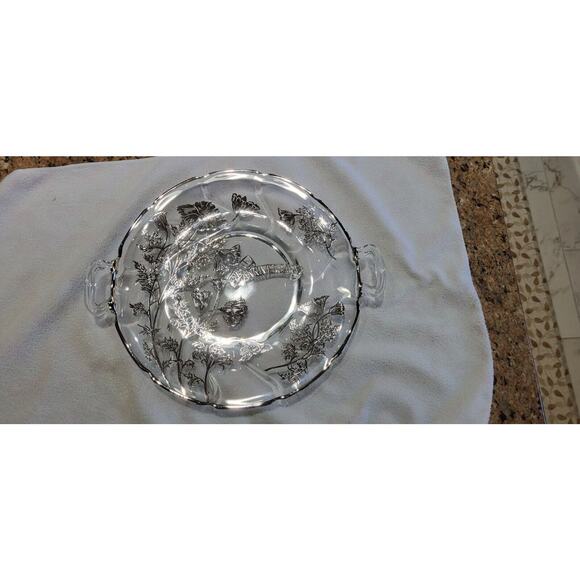 25th Anniversary Platter Handled Plate Silver Overlay Flowers Wedding - Picture 14 of 15